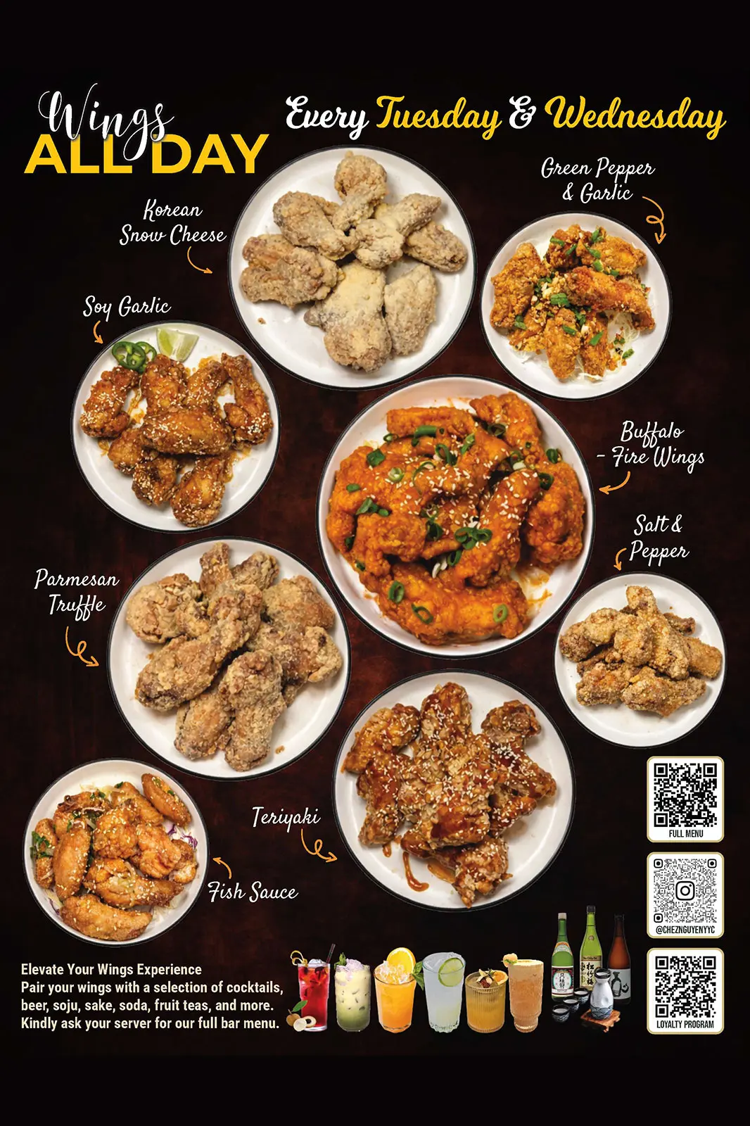 All Day Chicken Wings Specials with Multiple Flavours Plates of crispy chicken wings in various flavours including soy garlic, buffalo, parmesan truffle, Korean snow cheese, and salt and pepper, served at Chez Nguyen restaurant