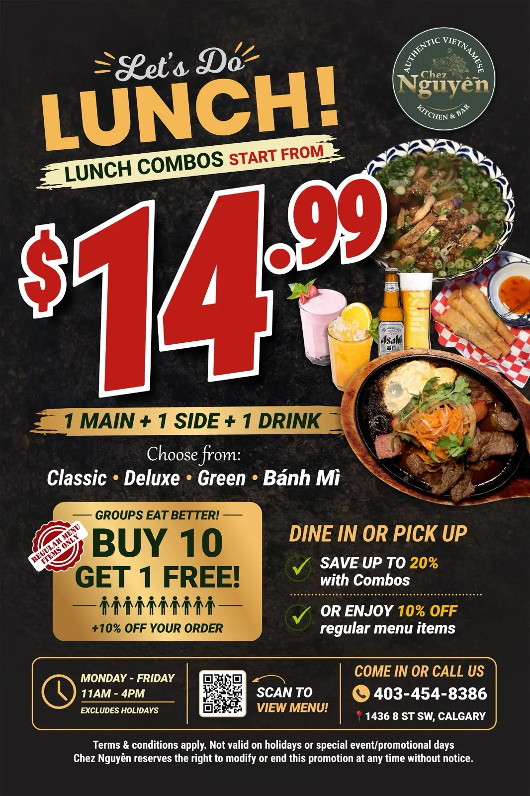 Lunch Combo Deal Starting at $14.99 at Chez Nguyễn Vietnamese lunch combo promotion showing pho, grilled meat dish, spring rolls, and drinks with price $14.99 including main, side, and drink at Chez Nguyễn restaurant in Calgary