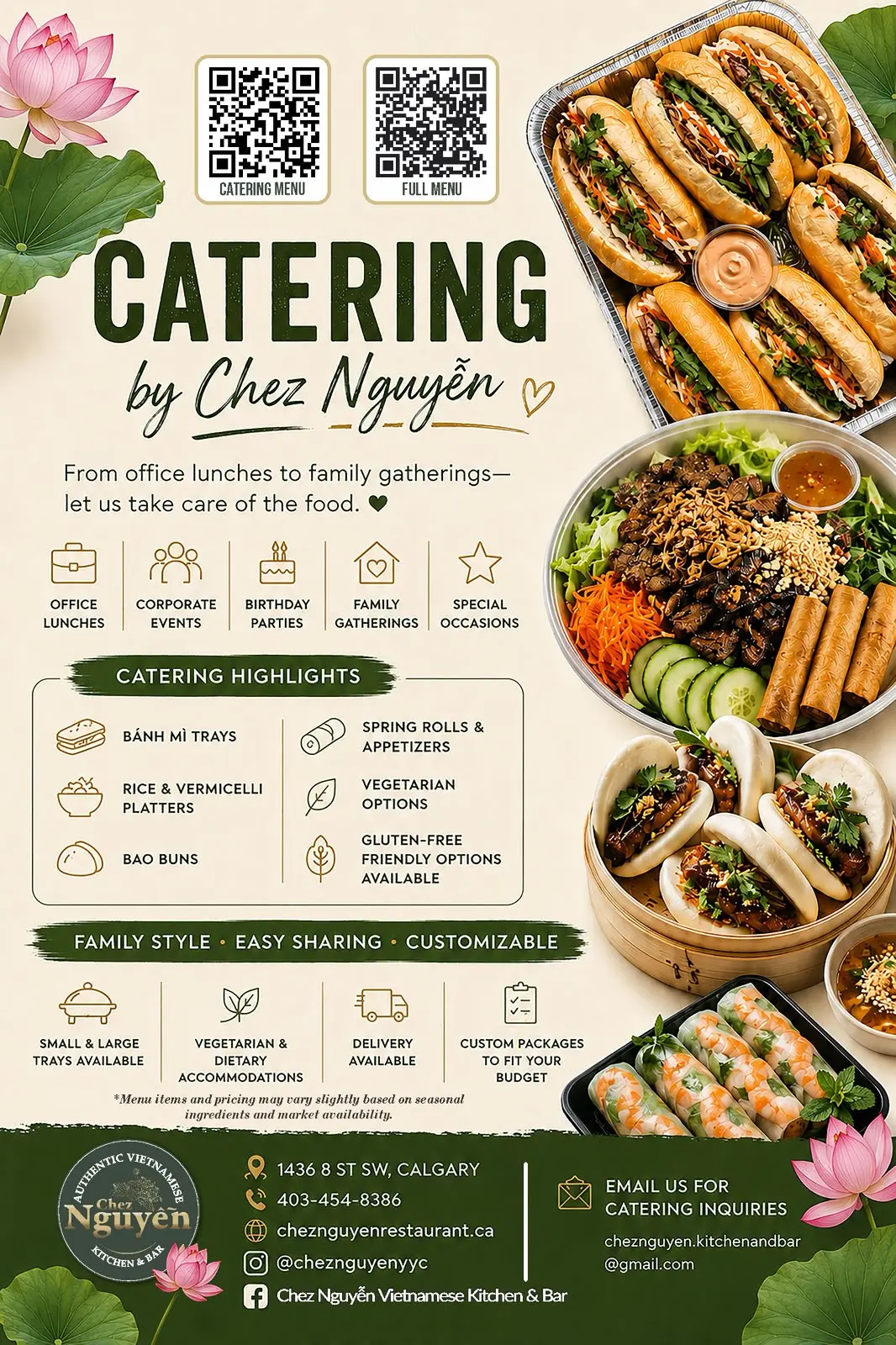 Chez Nguyễn Vietnamese Catering Services in Calgary We offer catering services for office lunches, corporate events, birthday parties, family gatherings, and special occasions, with vegetarian and gluten-friendly options available.