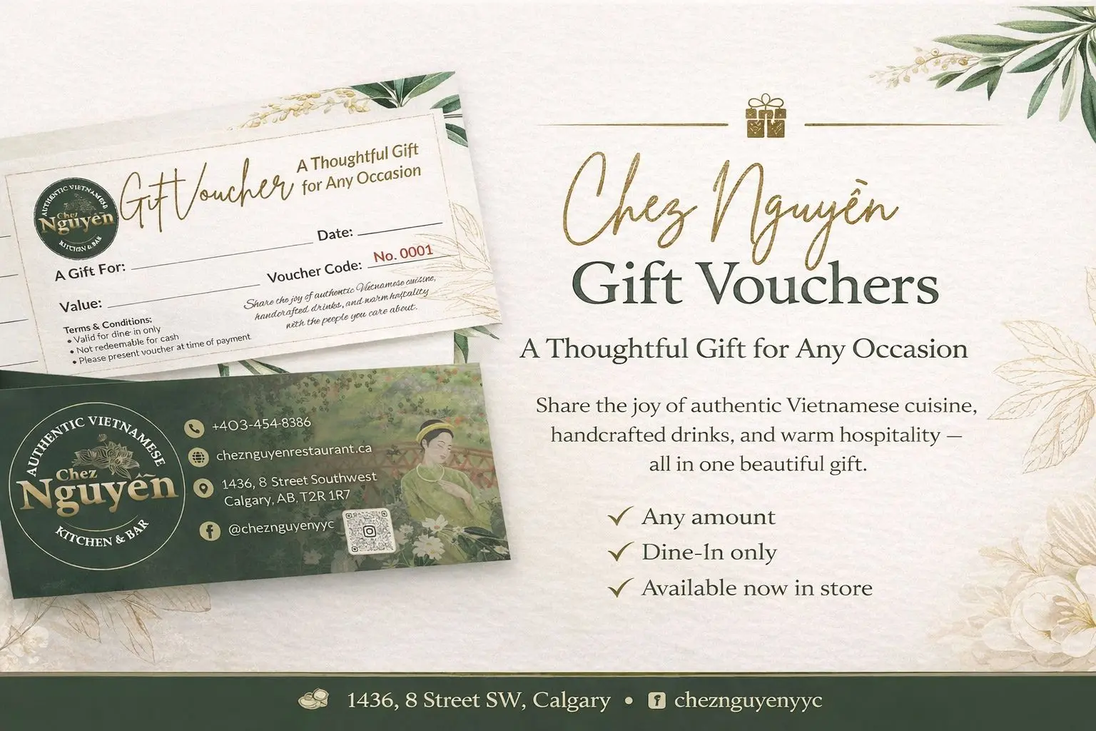 Chez Nguyễn Gift Vouchers : A Thoughtful Gift for Any Occasion Chez Nguyễn gift vouchers promotion highlighting a thoughtful gift for any occasion, authentic Vietnamese cuisine, dine-in only vouchers available in store in any amount