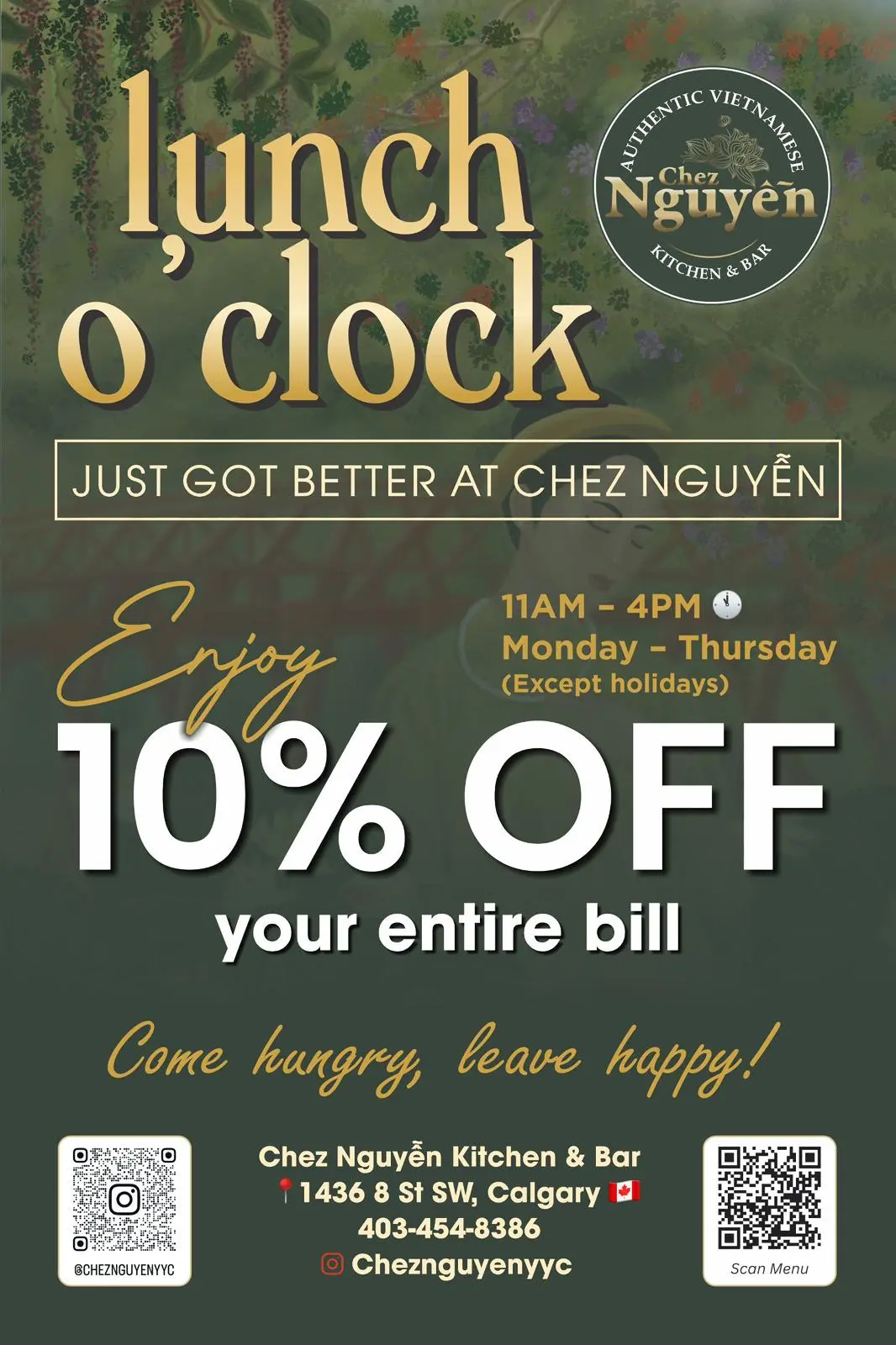 Enjoy 10% Off Your Entire Bill at Chez Nguyen – Lunch Hours Promotion Promotional banner for Chez Nguyen Kitchen & Bar advertising 10 percent off the entire bill during lunch hours, Monday to Thursday from 11 AM to 4 PM, with restaurant logo and contact details.